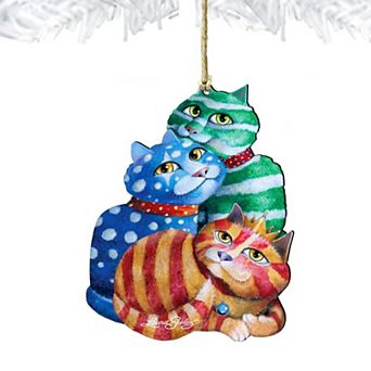 Set of 2 - Gift Wrapped Cat Wooden Holiday Ornaments by Laura Seeley - Pets Dog and Cats Decor