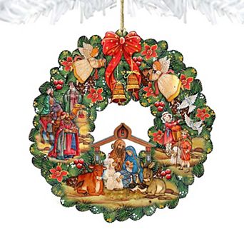 Set of 2 - Nativity Wreath Wooden Holiday Ornaments by G. DeBrekht - Nativity Holiday Decor
