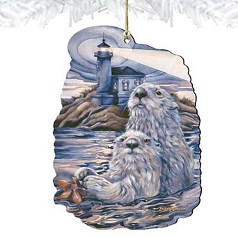 Set of 2 - Starlight Otter Lighthouse Wooden Holiday Ornaments by J. Bergsma - Coastal Sea-Life Decor