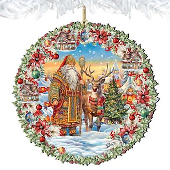 Santa's Magical Cottage Wreath Wooden Christmas Ornaments by G. Debrekht - Christmas Santa Snowman Decor