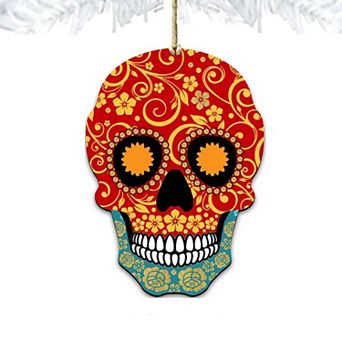 Set of 2 - Day of the Dead Decorated Skull Wooden Holiday Ornaments by G. DeBrekht - Thanksgiving Halloween Decor