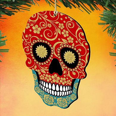Set of 2 - Day of the Dead Decorated Skull Wooden Holiday Ornaments by G. DeBrekht - Thanksgiving Halloween Decor