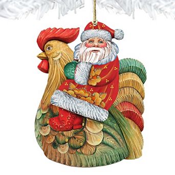 Set of 2 - Santa Rooster Wooden Christmas Ornaments by G. DeBrekht - Christmas Santa Snowman Decor