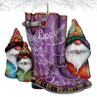 Hello Halloween Boots Wooden Holiday Ornaments by J. Mills-Price - Halloween Decor