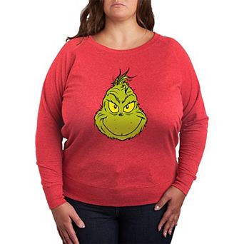 Plus Size Dr. Seuss The Grinch Face French Terry Long Sleeve Tee