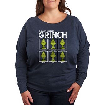 Plus Size Dr. Seuss The Grinch Many Mood French Terry Long Sleeve Tee
