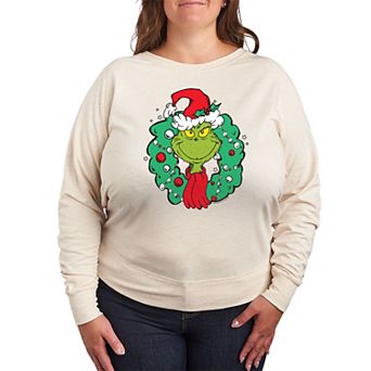 Plus Size Dr. Seuss The Grinch Wreath French Terry Long Sleeve Tee