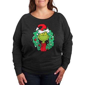 Plus Size Dr. Seuss The Grinch Wreath French Terry Long Sleeve Tee