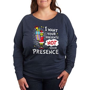 Plus Size Dr. Seuss The Grinch Presents Not Presence French Terry Long Sleeve Tee