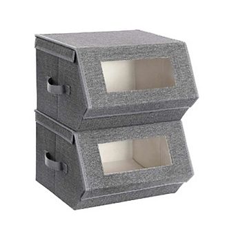 Set Of 2 Stackable Storage Bins With Transparent Windows, Magnetic Lid And Side Handles
