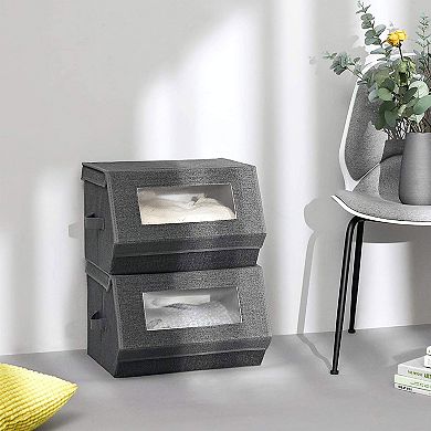 Set Of 2 Stackable Storage Bins With Transparent Windows, Magnetic Lid And Side Handles