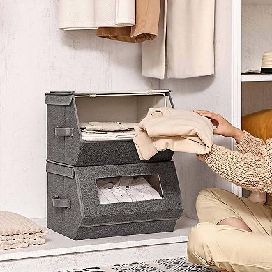 Set Of 2 Stackable Storage Bins With Transparent Windows, Magnetic Lid And Side Handles