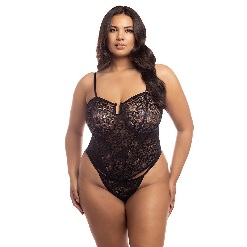 Plus Size Oh La La Cheri Kai Bustier & Thong Lingerie Set 61-11358X, Women's, Size: 1XL-2XL, Black
