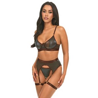 Women's Oh La La Cheri Jade 3 pc Bra, Panty & Garter Belt Lingerie Set 41-11378