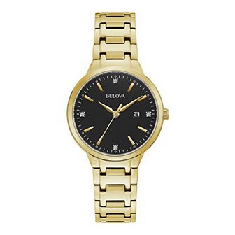 Bulova Women's Classic Gold Tone Stainless Steel Black Diamond Accent Watch - 97P147