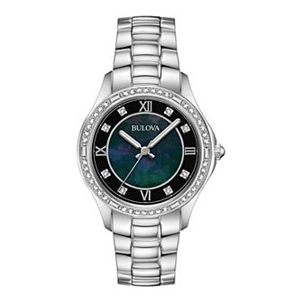 Bulova Women's Classic Stainless Steel Crystal Accented Black Mother-of-Pearl Dial Watch - 96L266