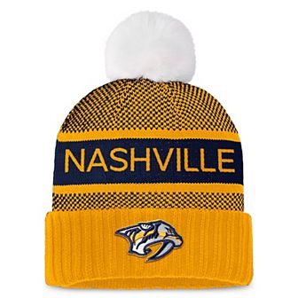 Women's Fanatics Branded Gold/Navy Nashville Predators Authentic Pro Rink Cuffed Knit Hat with Pom