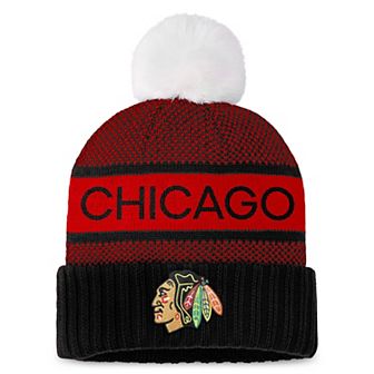 Women's Fanatics Branded Black/Red Chicago Blackhawks Authentic Pro Rink Cuffed Knit Hat with Pom