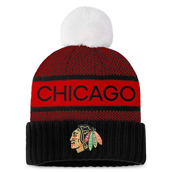 Women's Fanatics Branded Black/Red Chicago Blackhawks Authentic Pro Rink Cuffed Knit Hat with Pom Women's Fanatics Branded Black/Red Chicago Blackhawks Authentic Pro Rink Cuffed Knit Hat with Pom