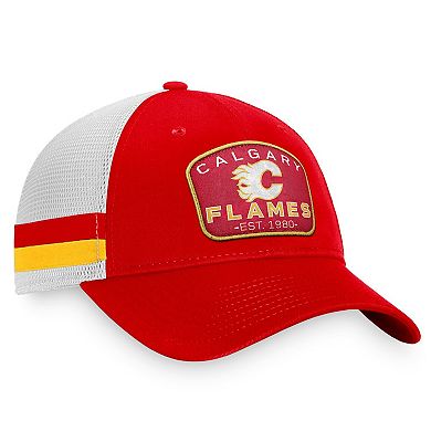 Men's Fanatics Branded Red/White Calgary Flames Fundamental Striped Trucker Adjustable Hat