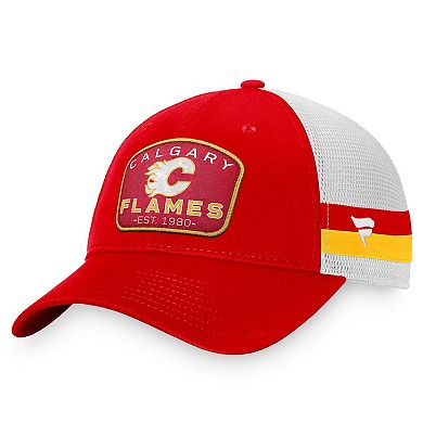 Men's Fanatics Branded Red/White Calgary Flames Fundamental Striped Trucker Adjustable Hat