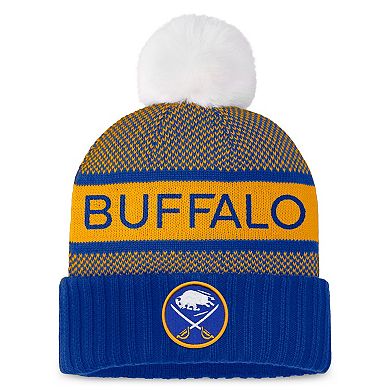 Women's Fanatics Branded Royal/Gold Buffalo Sabres Authentic Pro Rink Cuffed Knit Hat with Pom