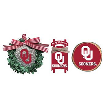 The Memory Company Oklahoma Sooners Three-Pack Wreath, Sled & Circle Ornament Set