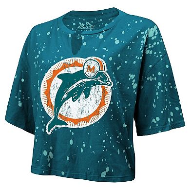 Women's Majestic Threads Aqua Miami Dolphins Bleach Splatter Notch Neck Crop T-Shirt