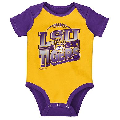 Infant Mitchell & Ness Purple/Gold LSU Tigers 3-Pack Bodysuit, Bib and Bootie Set