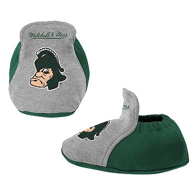 Infant Mitchell & Ness Green/Heather Gray Michigan State Spartans 3-Pack Bodysuit, Bib and Bootie Set