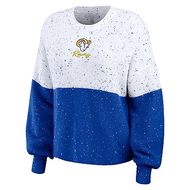 Women's WEAR by Erin Andrews White/Royal Los Angeles Rams Lighweight Modest Crop Color-Block Pullover Sweater