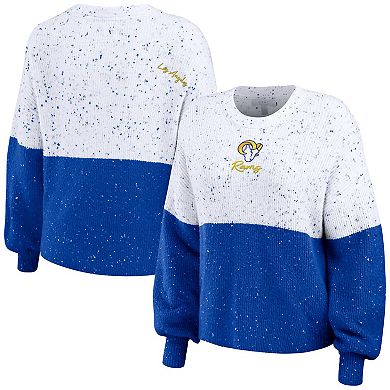 Women's WEAR by Erin Andrews White/Royal Los Angeles Rams Lighweight Modest Crop Color-Block Pullover Sweater