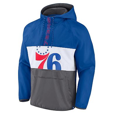 Men's Fanatics Branded Royal/Gray Philadelphia 76ers Anorak Flagrant Foul Color-Block Raglan Hoodie Half-Zip Jacket