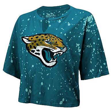 Women's Majestic Threads Teal Jacksonville Jaguars Bleach Splatter Notch Neck Crop T-Shirt