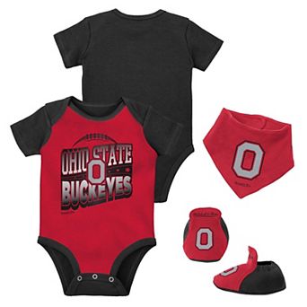 Infant Mitchell & Ness Black/Scarlet Ohio State Buckeyes 3-Pack Bodysuit, Bib and Bootie Set