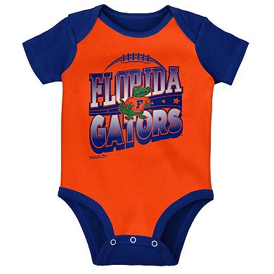 Infant Mitchell & Ness Royal/Orange Florida Gators 3-Pack Bodysuit, Bib and Bootie Set