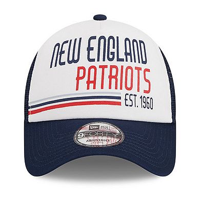 Men's New Era White/Navy New England Patriots Stacked A-Frame Trucker 9FORTY Adjustable Hat