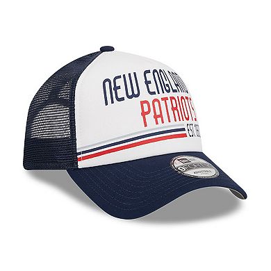 Men's New Era White/Navy New England Patriots Stacked A-Frame Trucker 9FORTY Adjustable Hat
