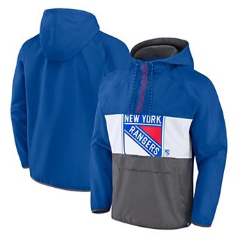 Men's Fanatics Branded Blue New York Rangers Flagrant Foul Anorak Raglan Half-Zip Hoodie Jacket