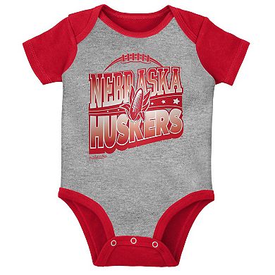 Infant Mitchell & Ness Scarlet/Heather Gray Nebraska Huskers 3-Pack Bodysuit, Bib and Bootie Set