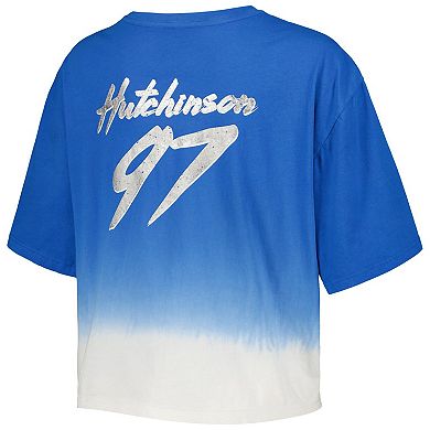 Women's Majestic Threads Aidan Hutchinson Blue/White Detroit Lions Dip-Dye Player Name & Number Crop Top