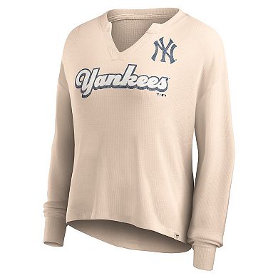 Women's Fanatics Branded Cream New York Yankees Go For It Waffle Knit Long Sleeve Notch Neck T-Shirt