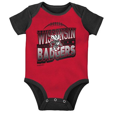 Infant Mitchell & Ness Black/Red Wisconsin Badgers 3-Pack Bodysuit, Bib and Bootie Set