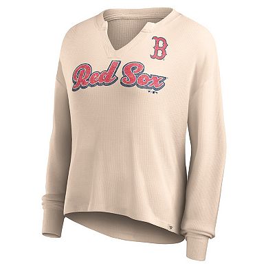 Women's Fanatics Branded Cream Boston Red Sox Go For It Waffle Knit Long Sleeve Notch Neck T-Shirt