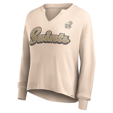 Women's Fanatics Branded Tan New Orleans Saints Go For It Notch Neck Waffle Knit Lightweight Long Sleeve T-Shirt
