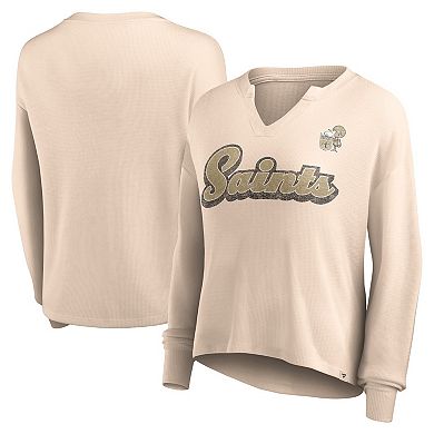 Women's Fanatics Branded Tan New Orleans Saints Go For It Notch Neck Waffle Knit Lightweight Long Sleeve T-Shirt