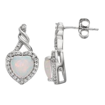Sterling Silver Lab-Created Opal & White Sapphire Heart Drop Earrings