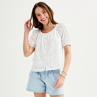 Women's Sonoma Goods For Life® Short Puff Sleeve Eyelet Detailed Button Down Top