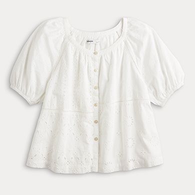 Women's Sonoma Goods For Life Short Puff Sleeve Eyelet Detailed Button Down Top