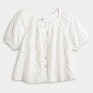 Women's Sonoma Goods For Life Short Puff Sleeve Eyelet Detailed Button Down Top